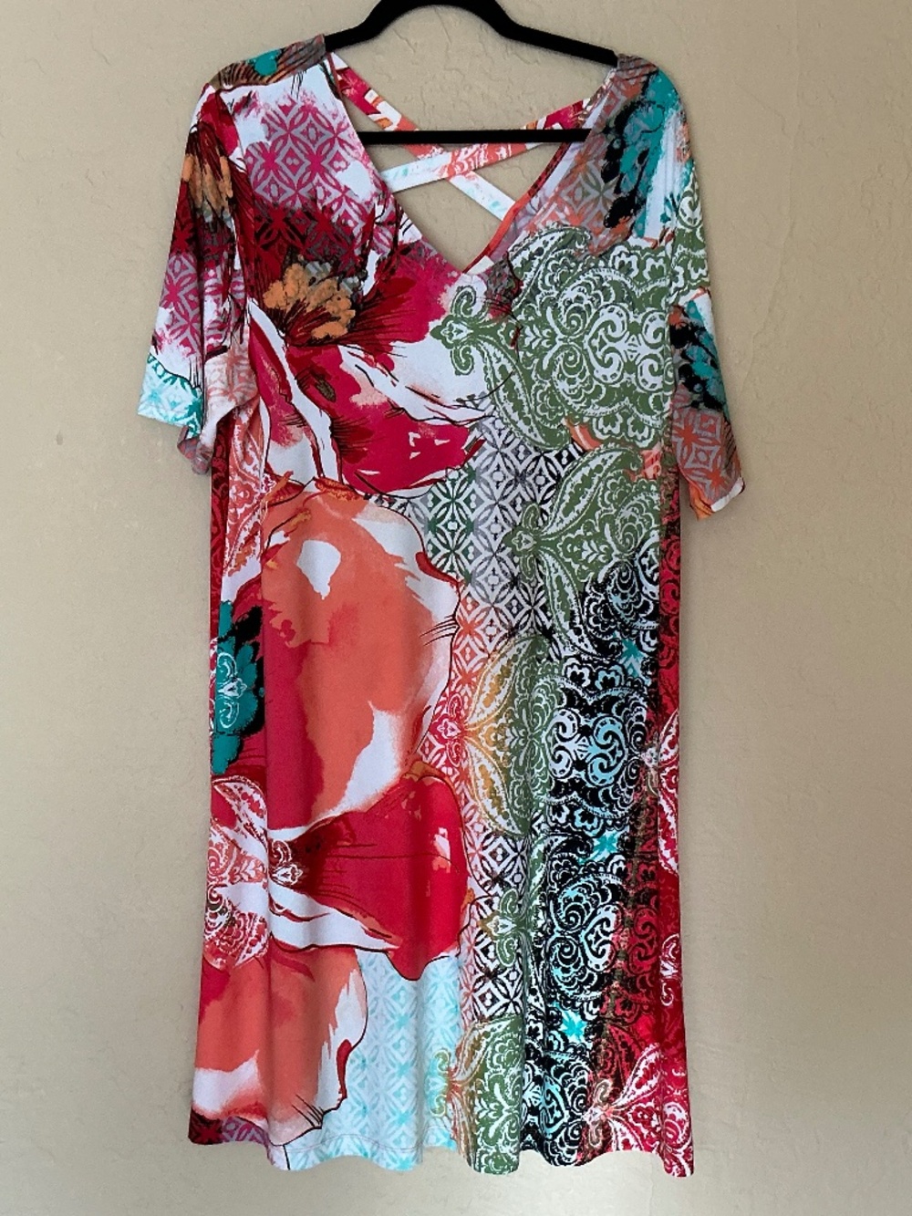 Chico's summery colorful party dress with criss-cross straps